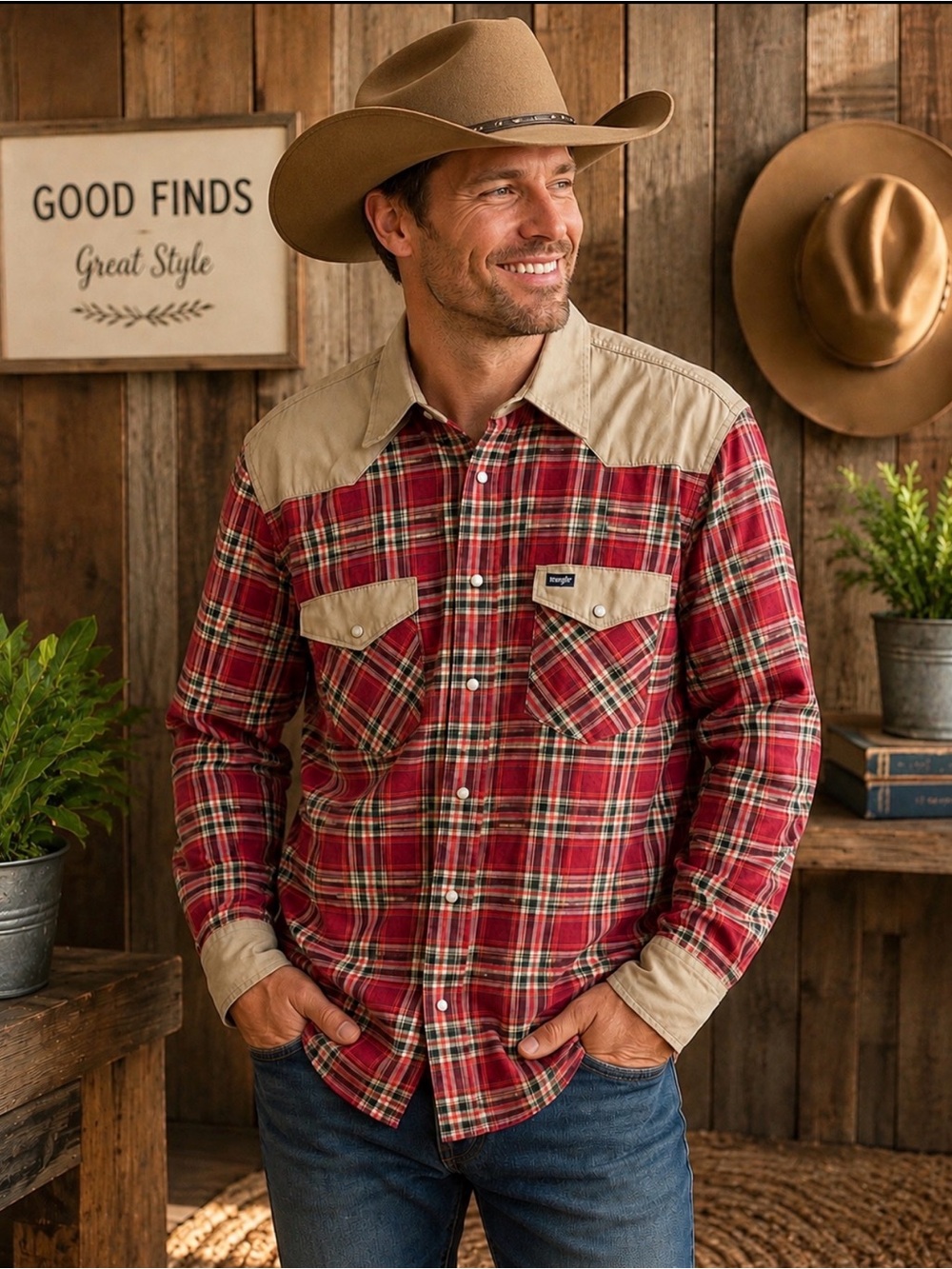 Wrangler Red Plaid Button-Down Shirt with Tan Yoke and pearl snap buttons xl